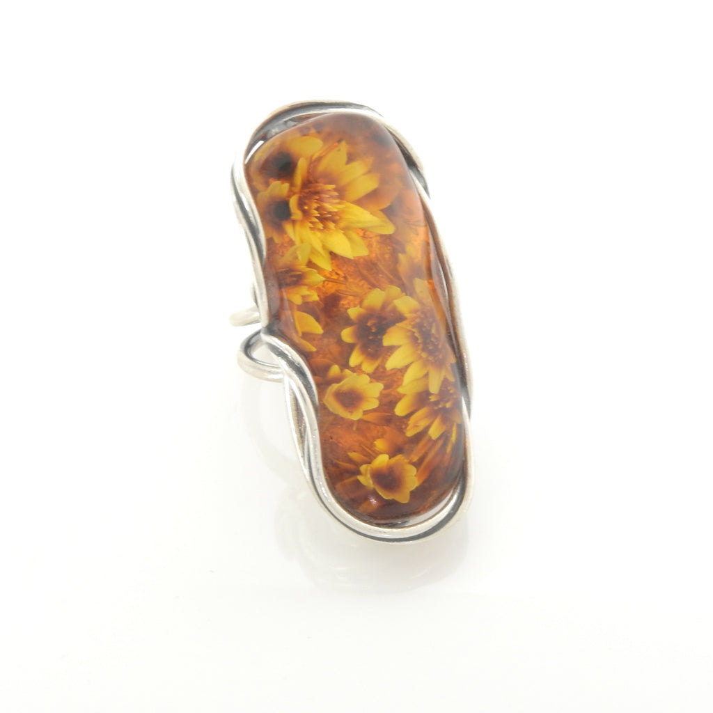 Sterling Silver Adjustable Carved Amber Ring