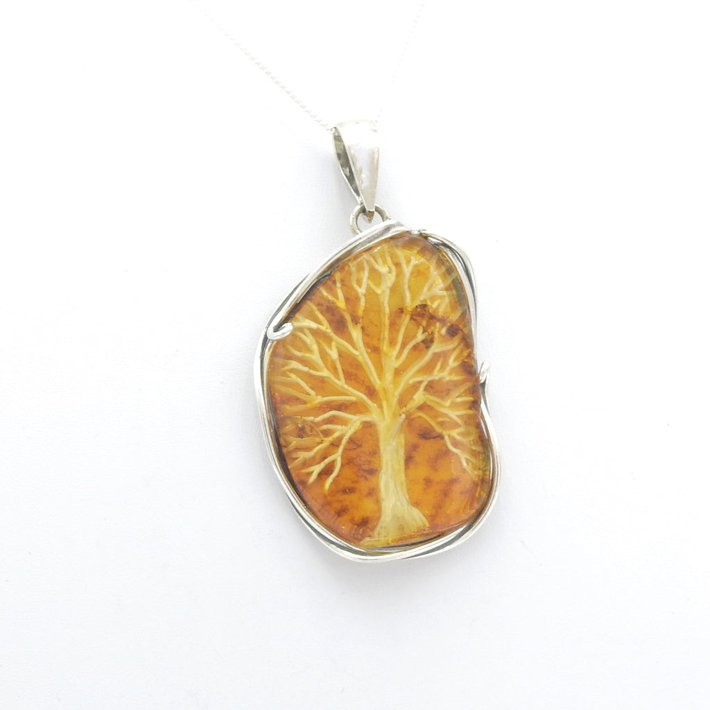 Sterling Silver Large Tree of Life Carved Amber Pendant