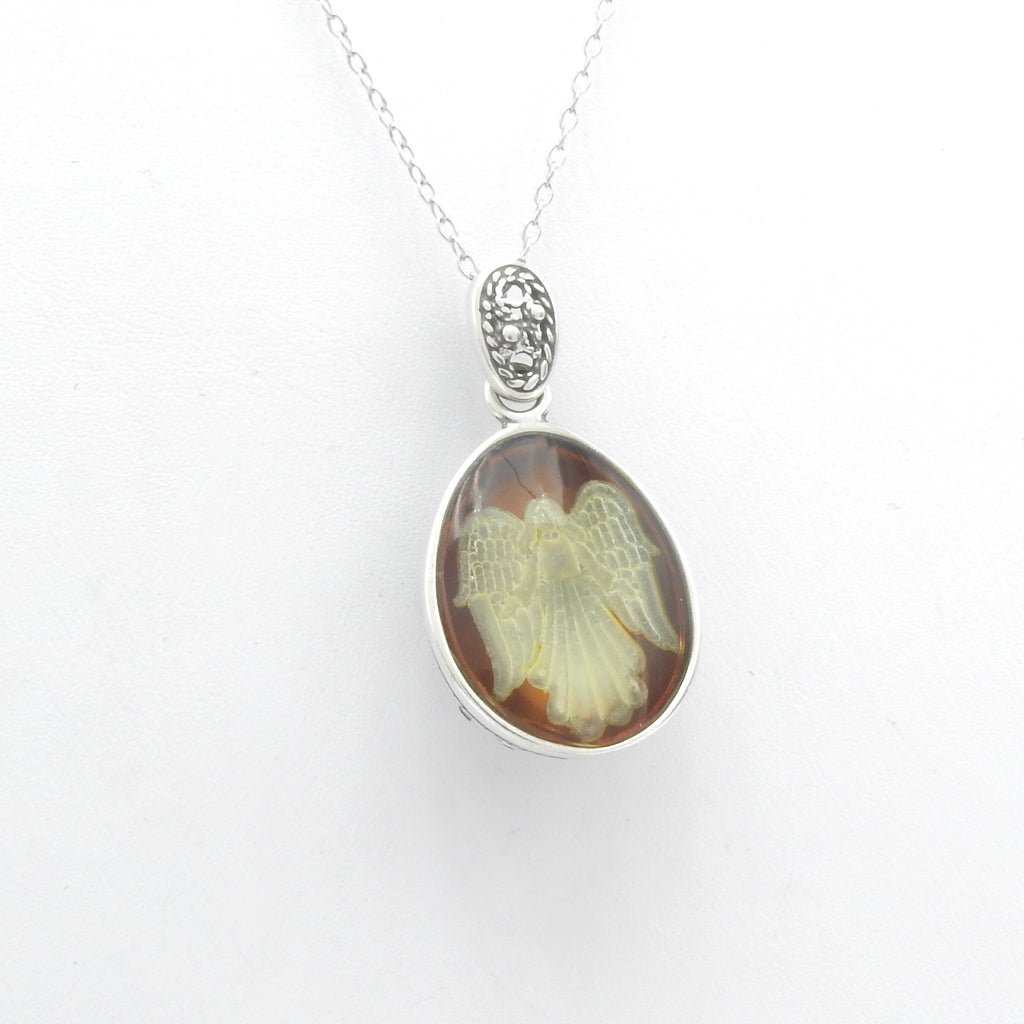 Sterling Silver Carved Amber Angel Pendant