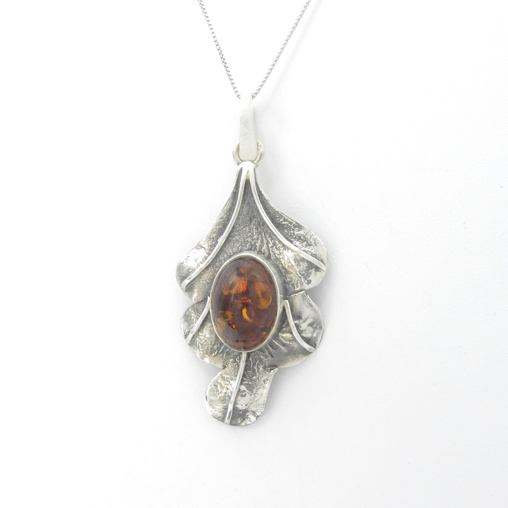 Sterling Silver Leaf Shape Amber Pendant