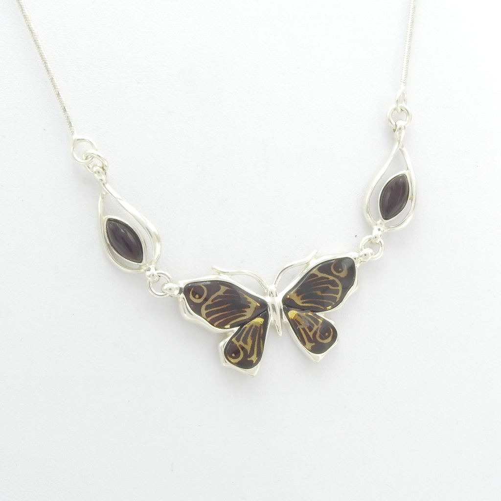 Sterling Silver Small Carved Butterfly Amber Necklace