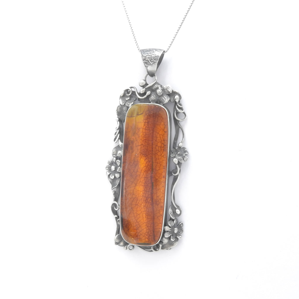 Sterling Silver Large Rectangle Amber Pendant w/ Flowers