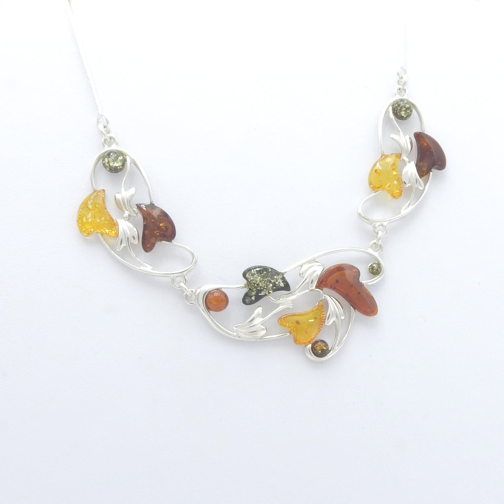 Sterling Silver Mixed Amber Hearts & Leaves Necklace