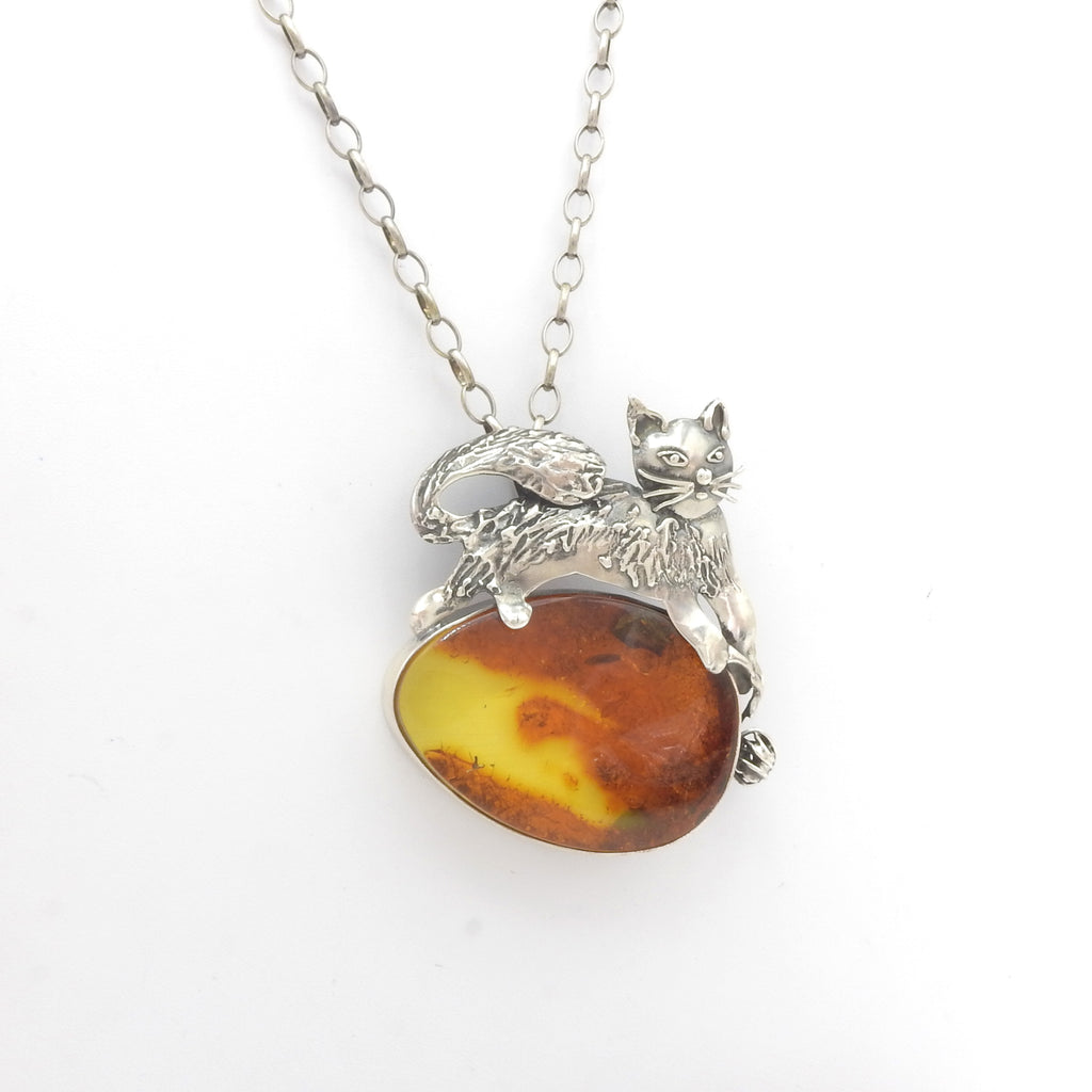 Sterling Silver Amber Cat Statement Necklace