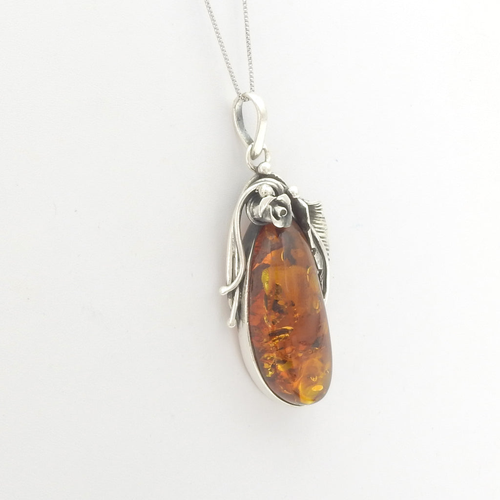 Sterling Silver Amber w/ Rose Detail Pendant