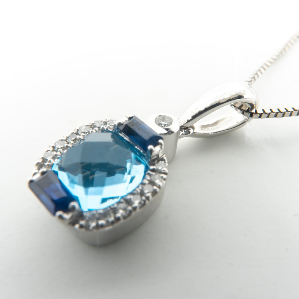 14K Blue Topaz Sapphire Diamond Pendant