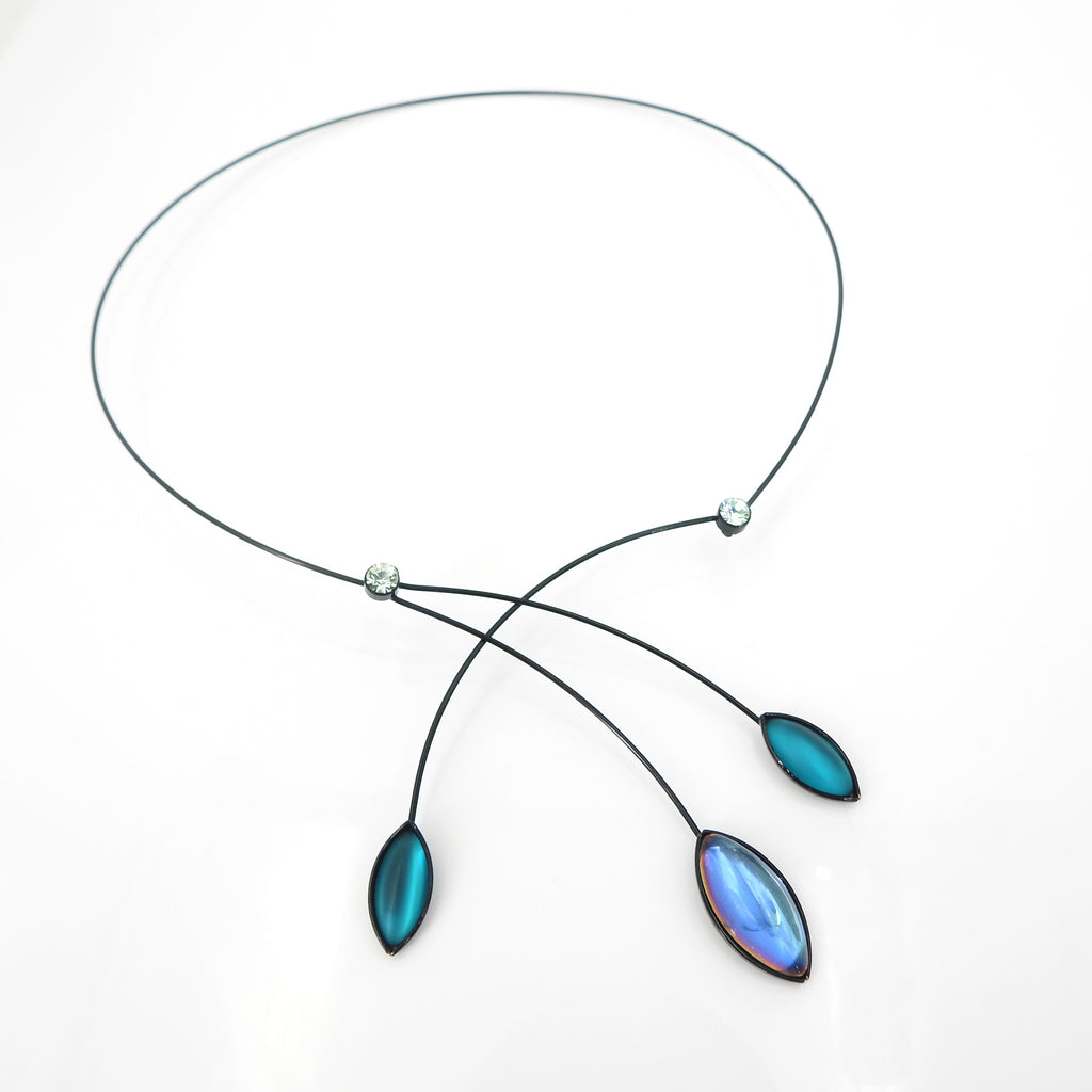 Memory Wire Blue & Teal Crossing Leaves Necklace
