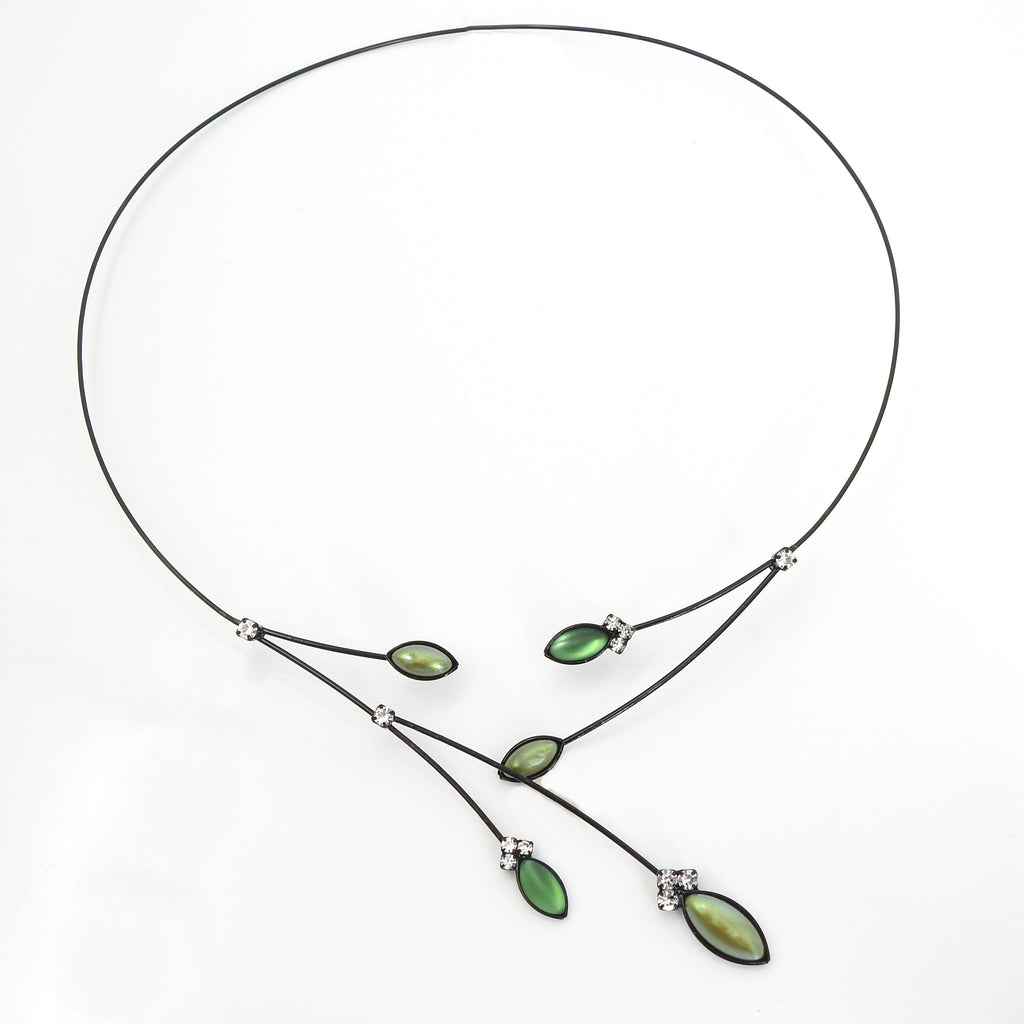 Memory Wire Green & Crystal Five Leaves Necklace