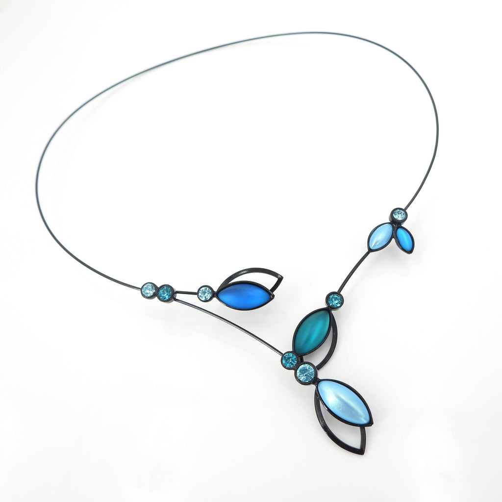 Memory Wire Teal Double Leaf & Crystal Necklace