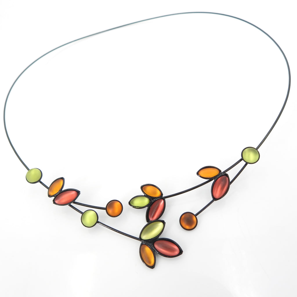 Memory Wire Orange & Green Small Leaves & Branches Necklace