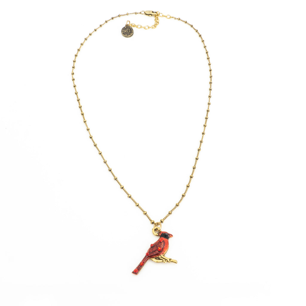 Enameled Cardinal & Crystal Necklace