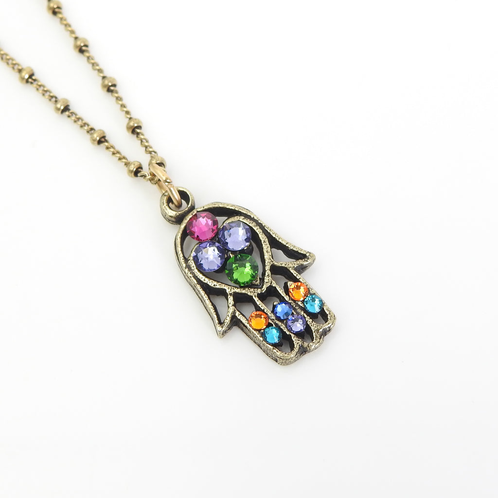 Multi Color Crystal Hamsa Necklace