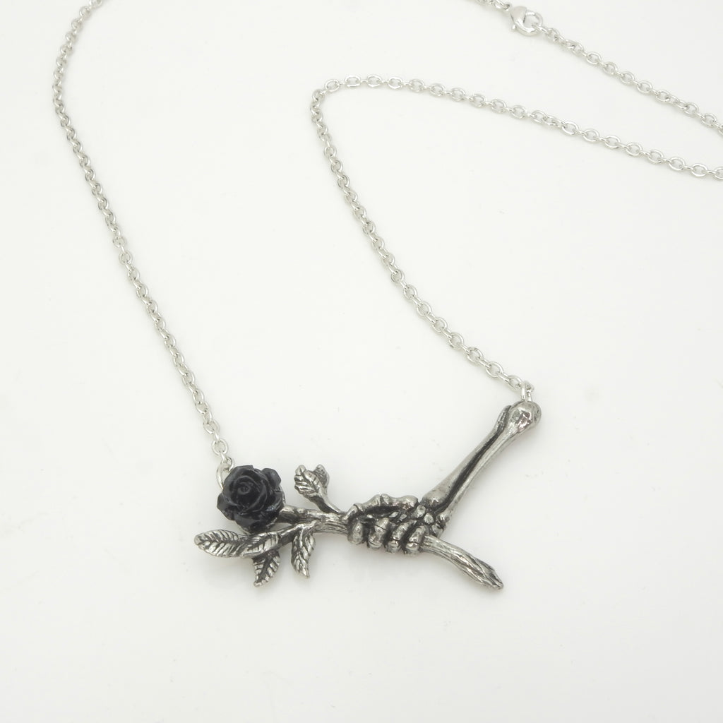 English Pewter Black Rose & Skeleton Necklace