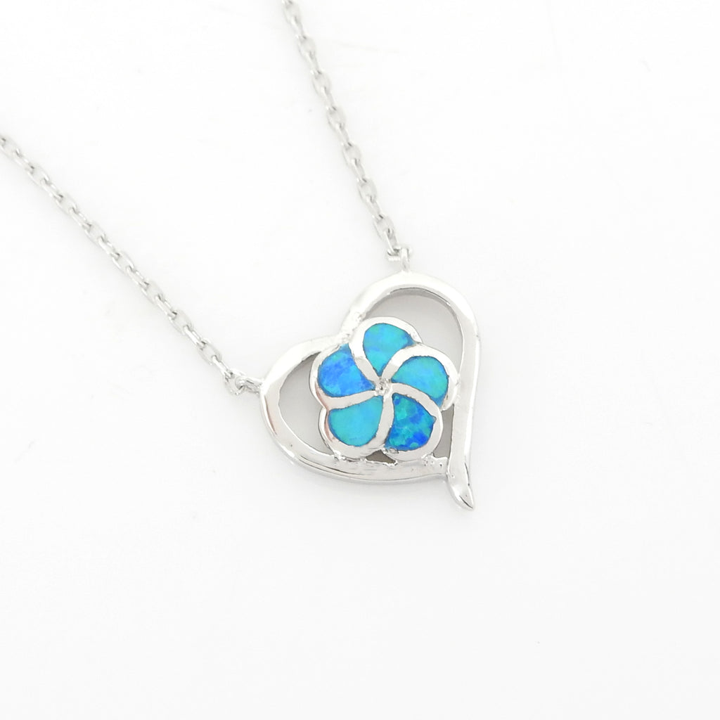 Sterling Silver Created Opal Heart & Flower Necklace