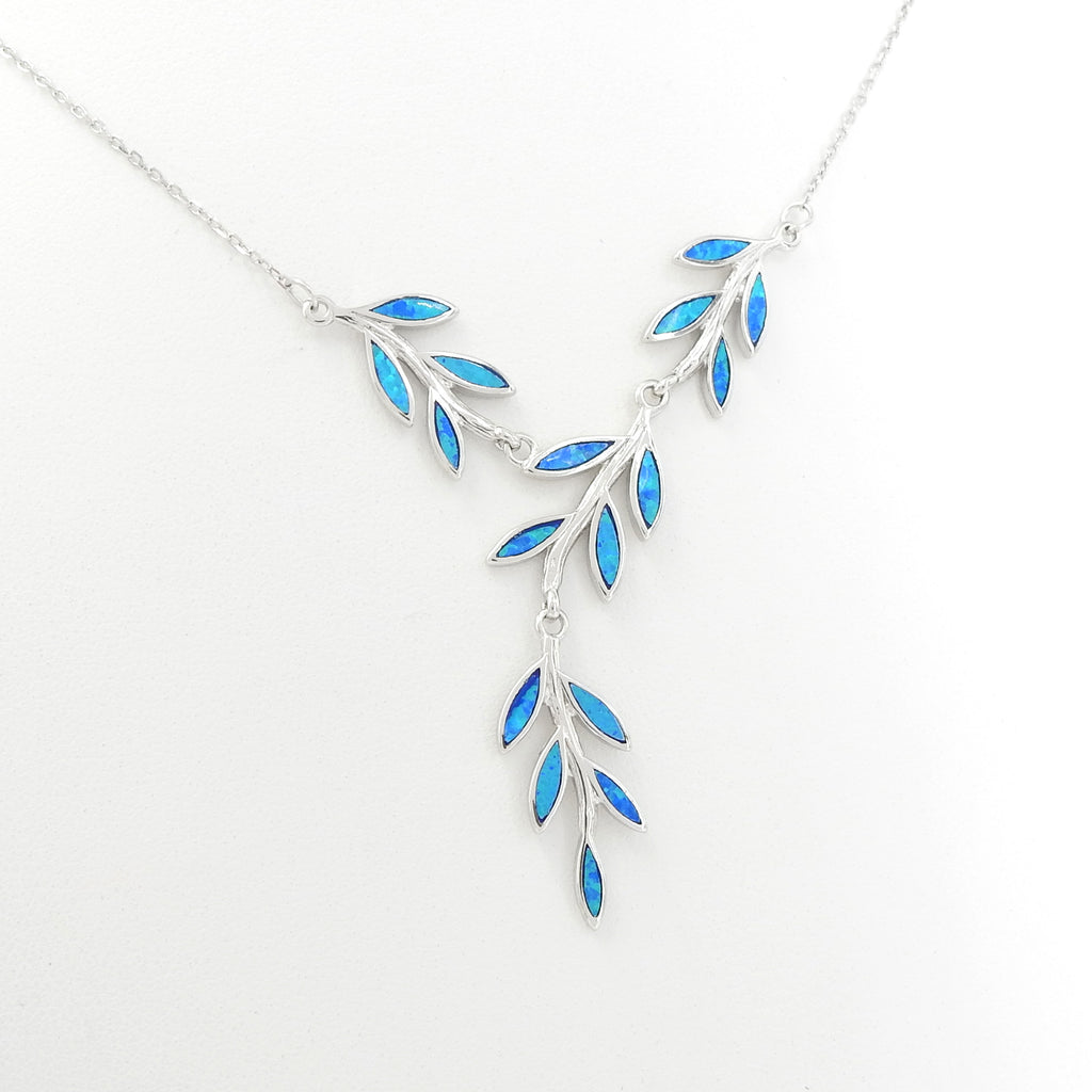 Sterling Silver Created Opal Leaf Necklace