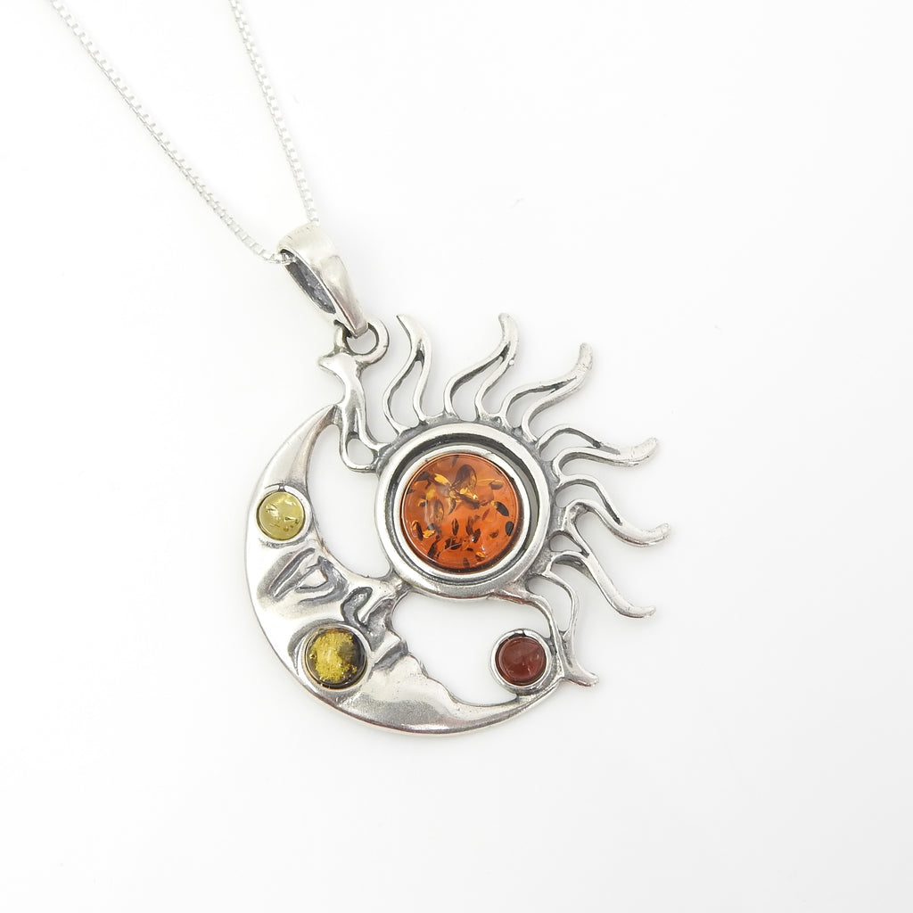 Sterling Silver Moon & Sun Amber Pendant