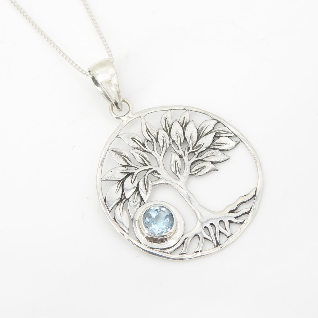 Sterling Silver Tree of Life w/ Blue Topaz Pendant