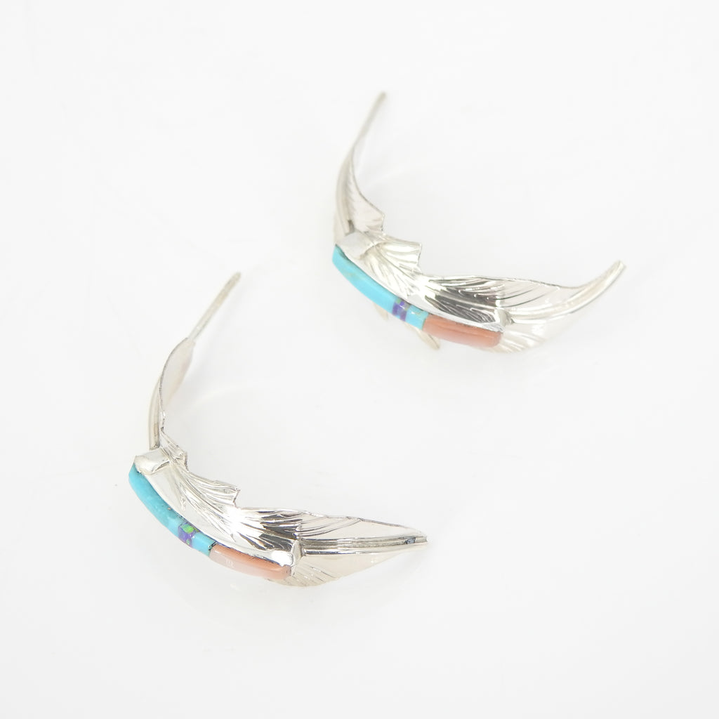 Sterling Silver Native American Inlay Feather Earrings