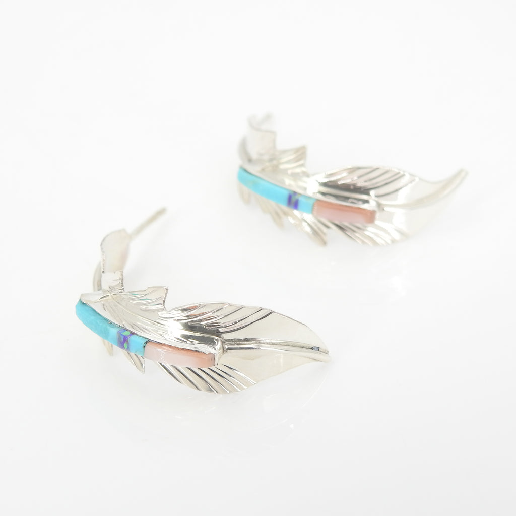 Sterling Silver Native American Inlay Feather Earrings