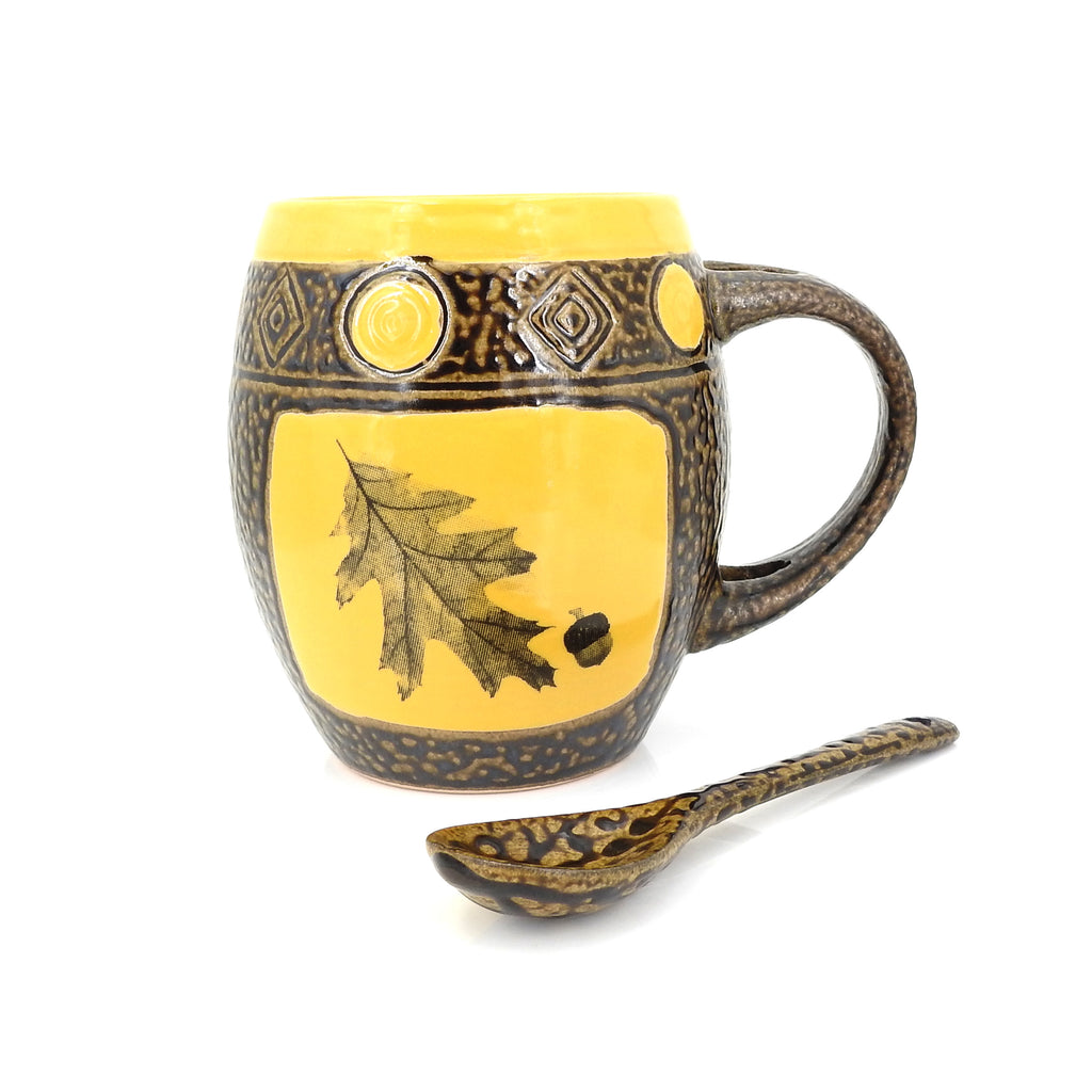 Yellow Oak Leaf Mug W Spoon