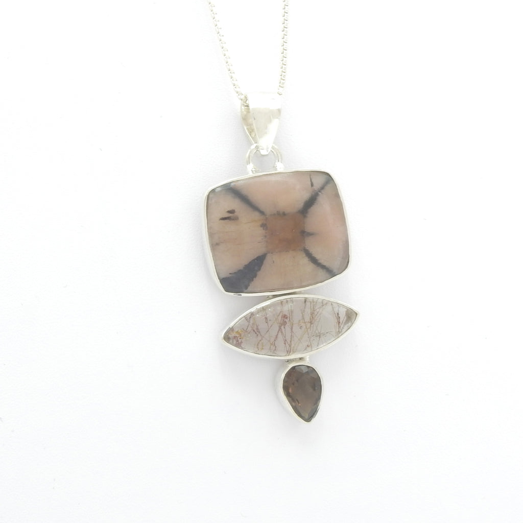 Sterling Silver Chiastolite, Smokey Quartz, & Rutilated Quartz Pendant