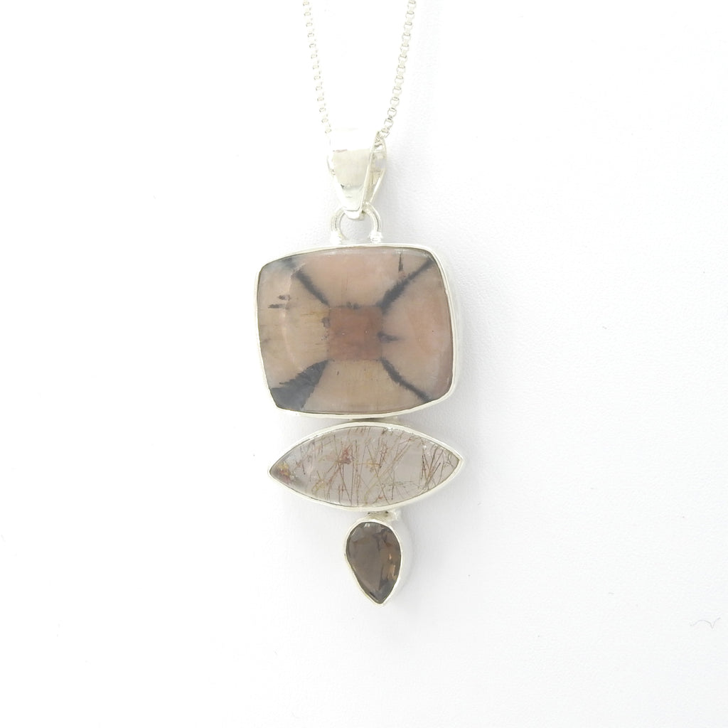 Sterling Silver Chiastolite, Smokey Quartz, & Rutilated Quartz Pendant