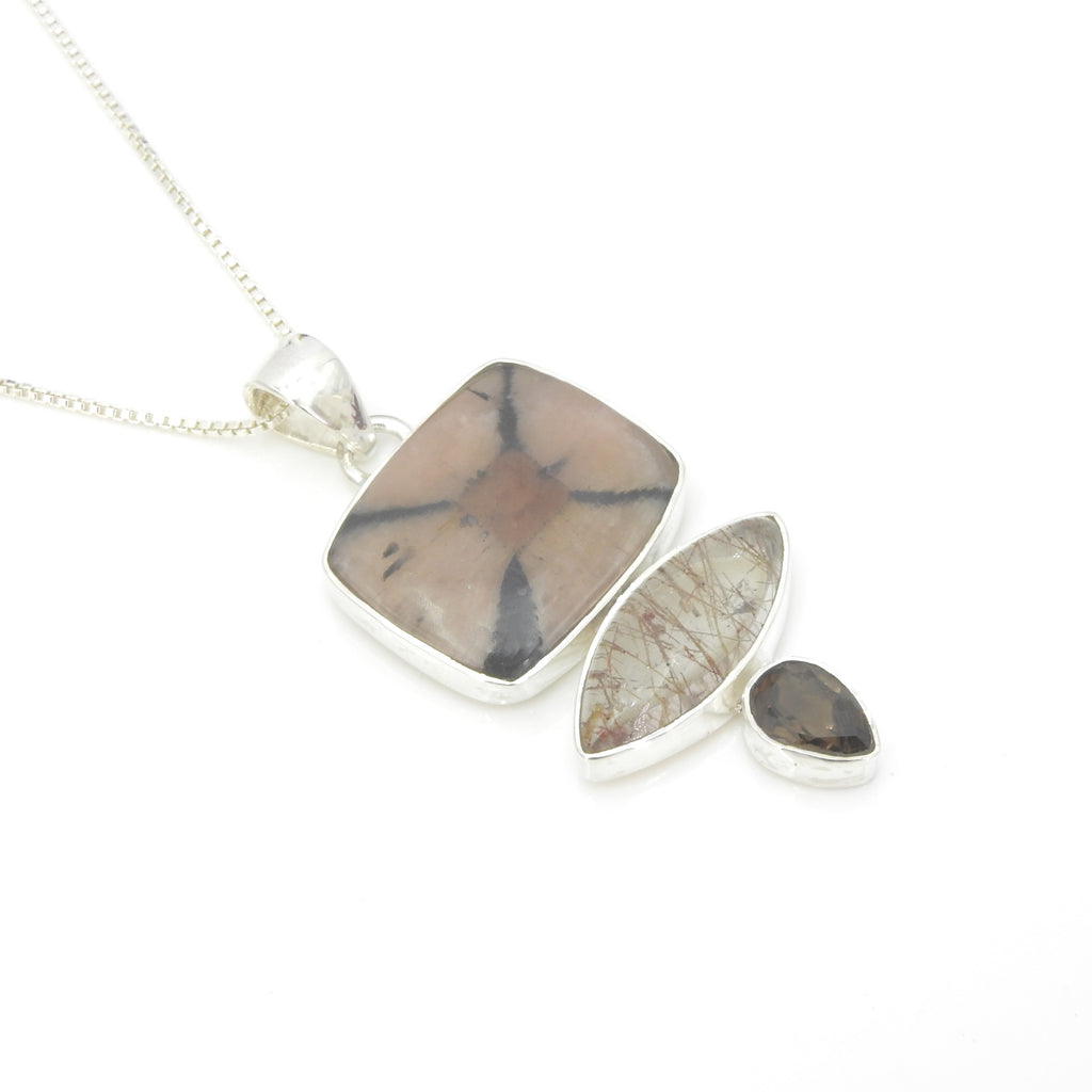 Sterling Silver Chiastolite, Smokey Quartz, & Rutilated Quartz Pendant