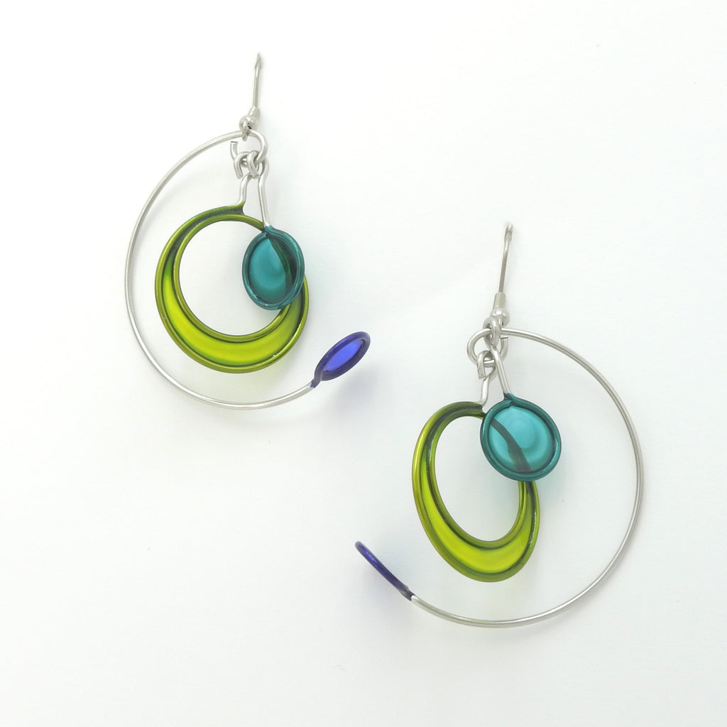 Stainless Steel Kinetic Green & Blue Resin Earrings