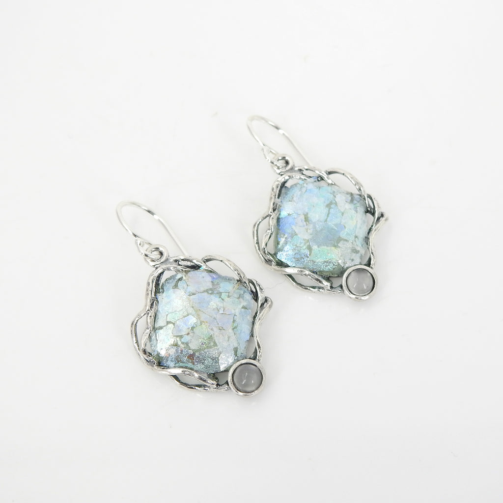 Sterling Silver Roman Glass Earrings w/ Moonstone
