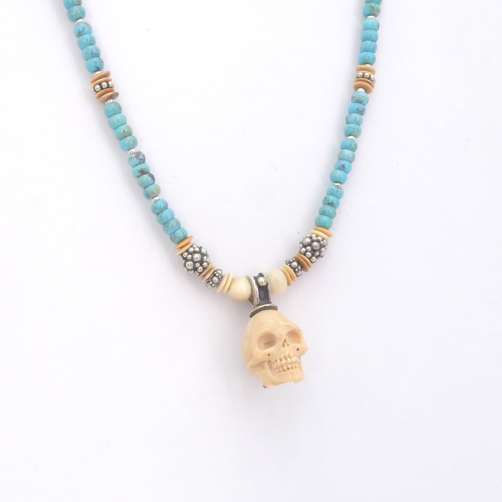 Sterling Silver Turquoise & Carved Fossilized Tusk Skull Necklace