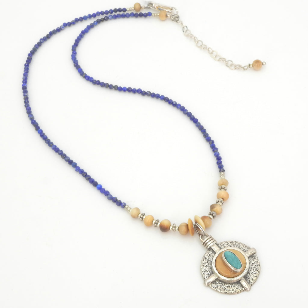 Sterling Silver Fossilized Tusk, Lapis and Turquoise Necklace
