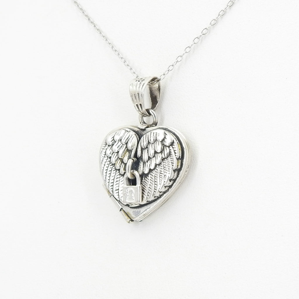 Sterling Silver Heart Locket w/ Wings & Lock Pendant