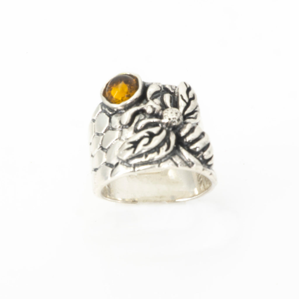 S/S Bee Ring W Amber SZ 9