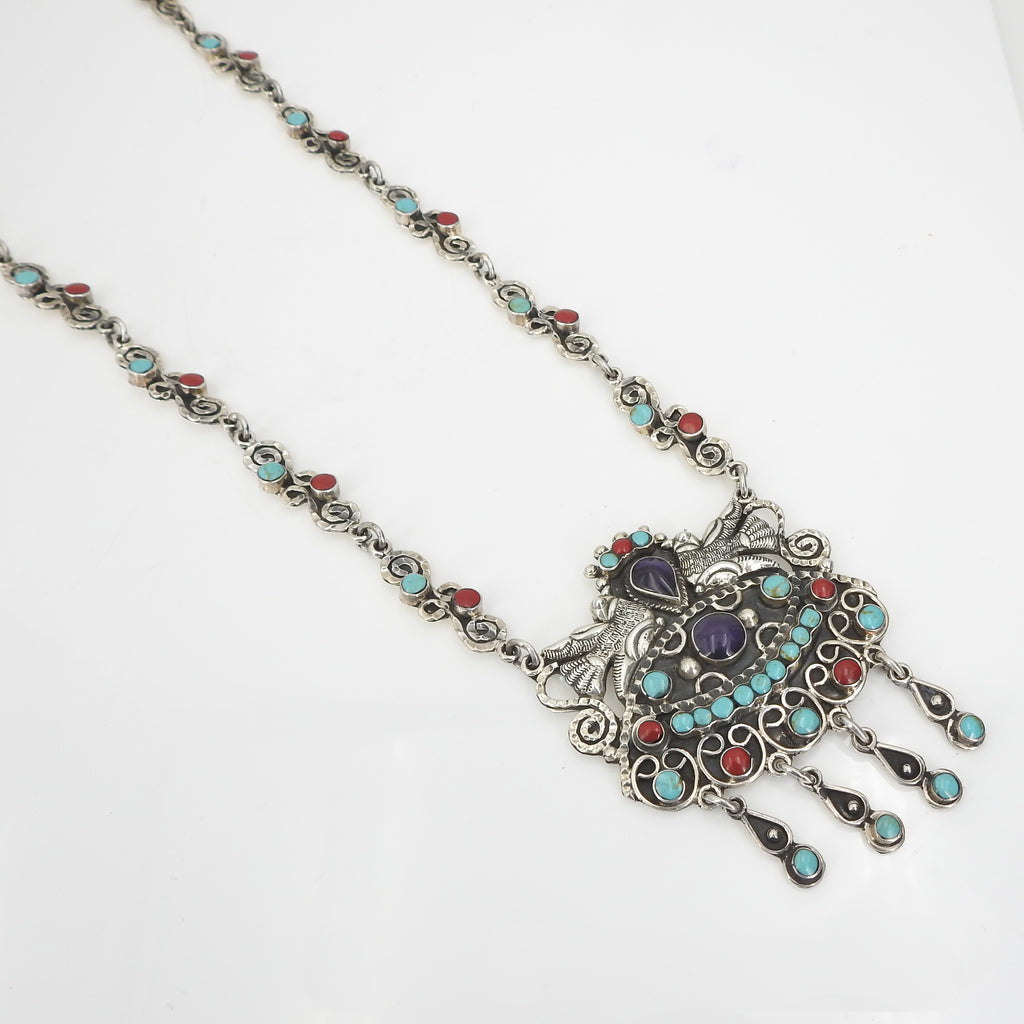 Sterling Silver Turquoise, Amethyst, & Red Coral Statement Necklace