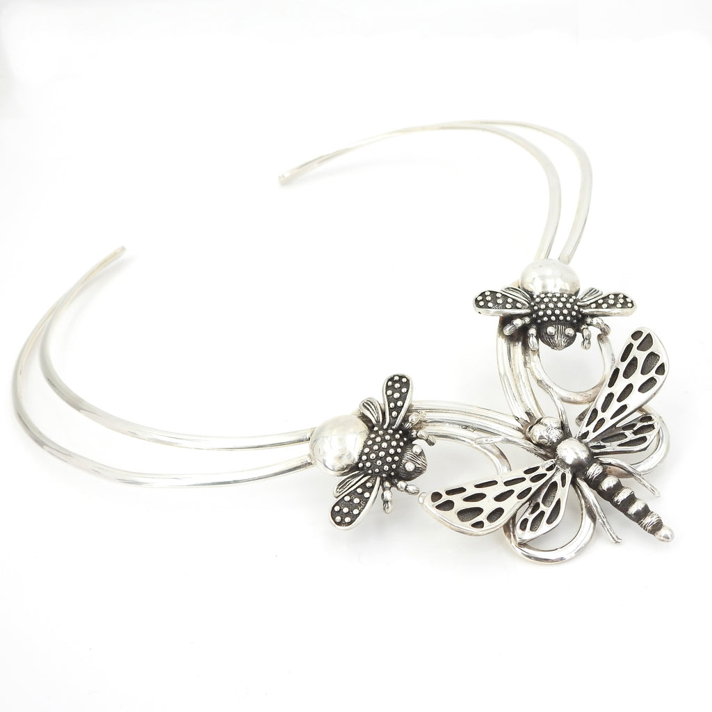 Sterling Silver Dragonfly & Bee Collar Necklace
