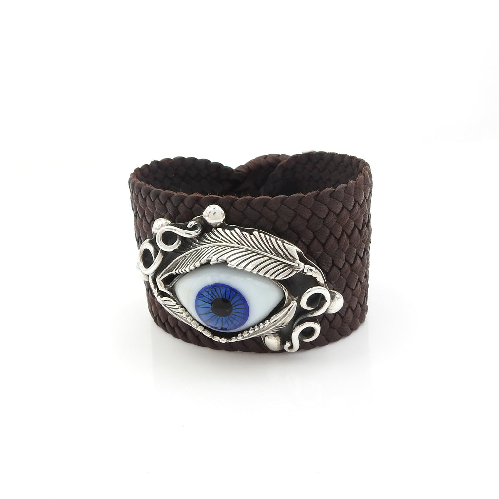 Sterling Silver Evil Eye Leather Bracelet