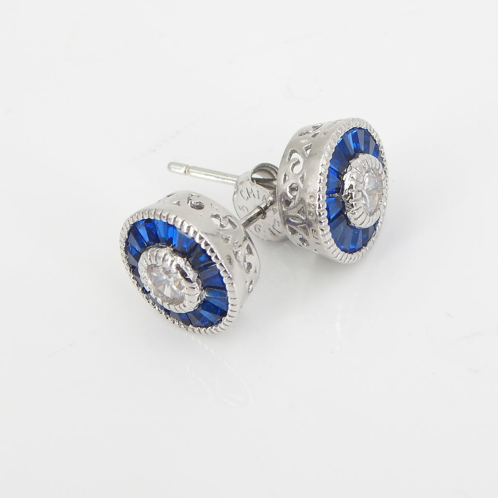 Sterling Silver CZ & Created Sapphire Stud Earrings