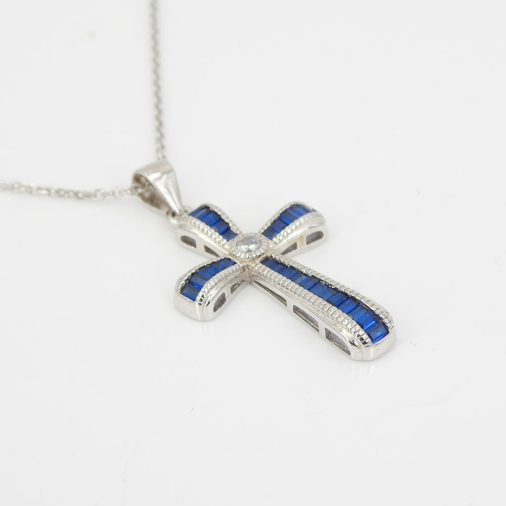 Sterling Silver CZ & Created Sapphire Cross Pendant