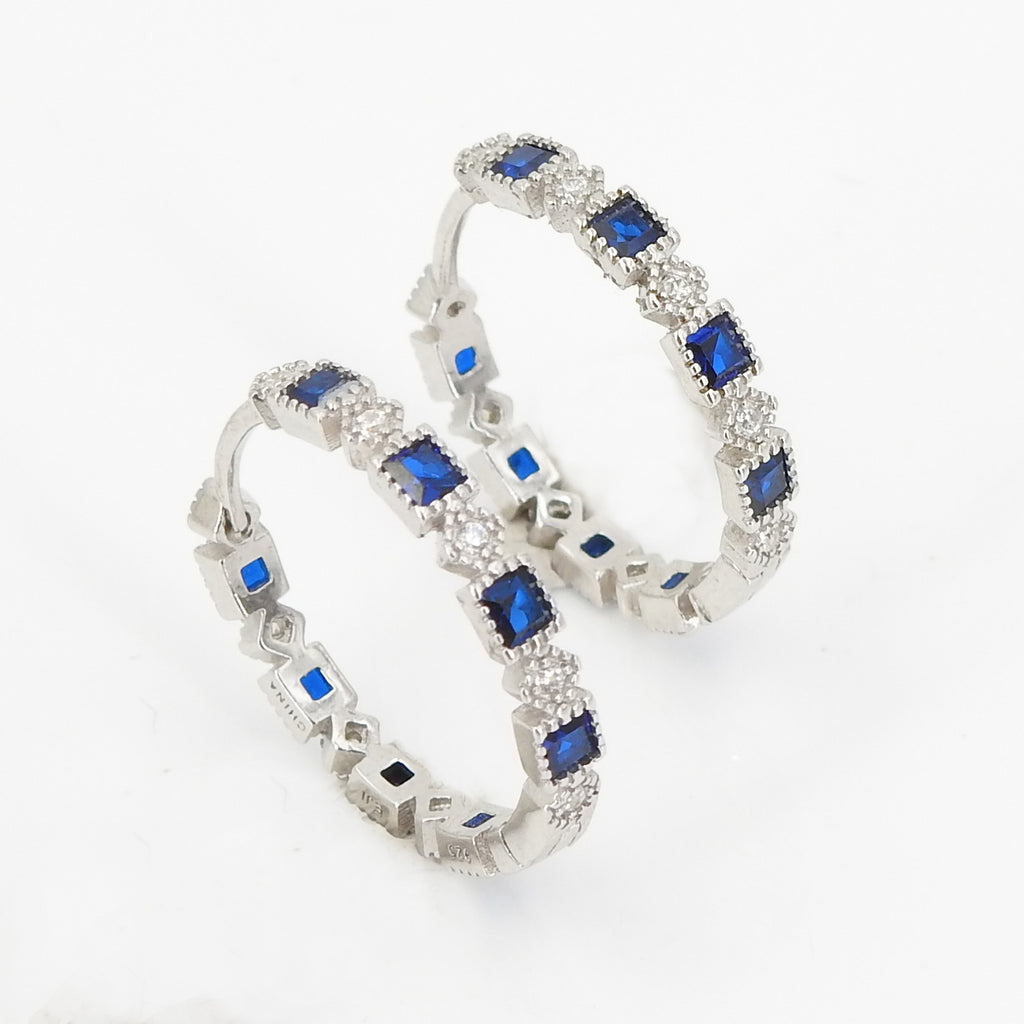 Sterling Silver CZ & Created Sapphire Hoop Earring