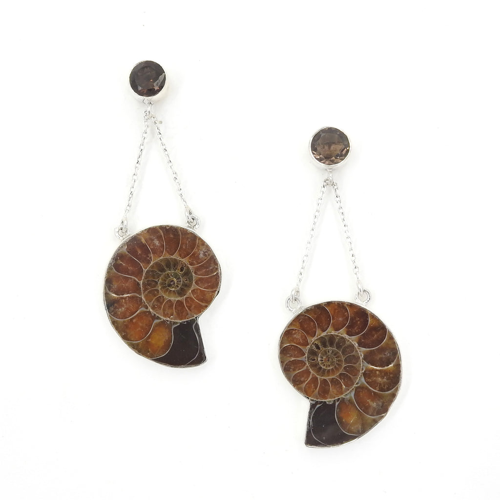 Sterling Silver Ammonite & Smokey Quartz Dangle Earrings