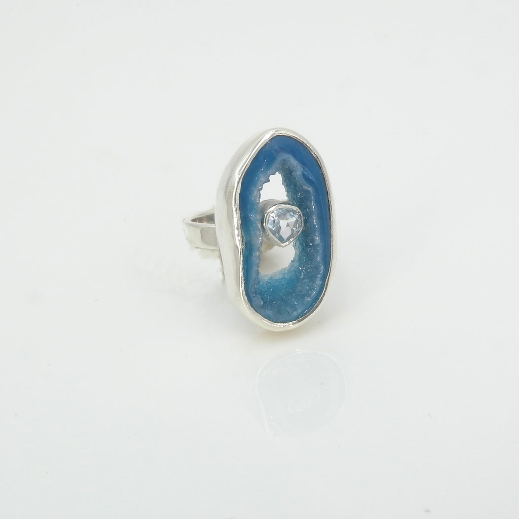 Sterling Silver Seafoam Agate & Blue Topaz Adjustable Ring