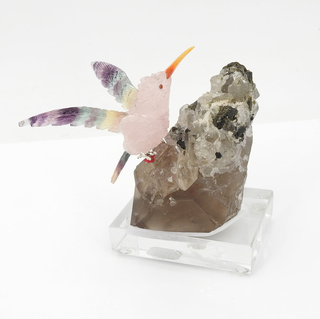 Rose Quartz & Fluorite Carved Hummingbird Sitting On Tourmalinated Quartz