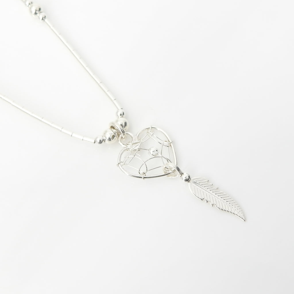Sterling Silver Heart Dreamcatcher & Feather Necklace