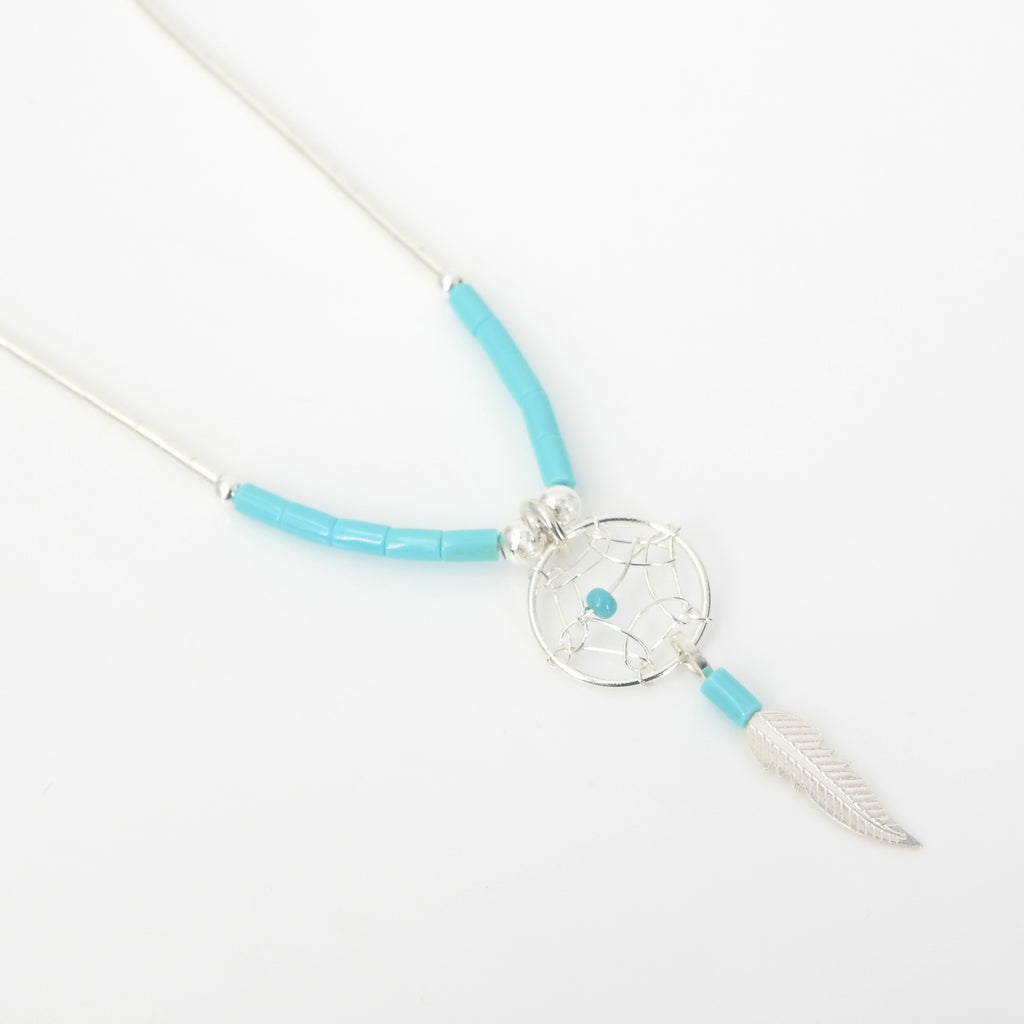 Sterling Silver Dreamcatcher W Turquoise & Feather Necklace