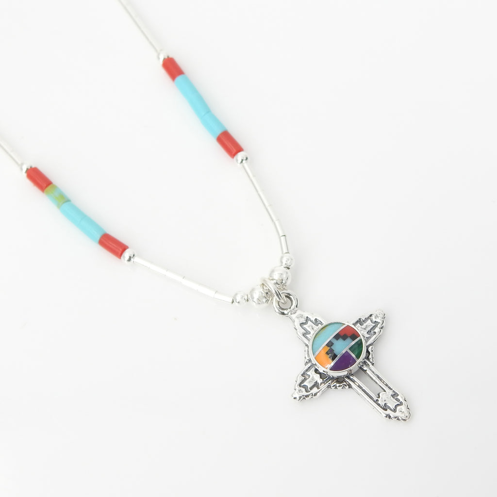 Sterling Silver Cross w/ Turquoise Inlay Necklace