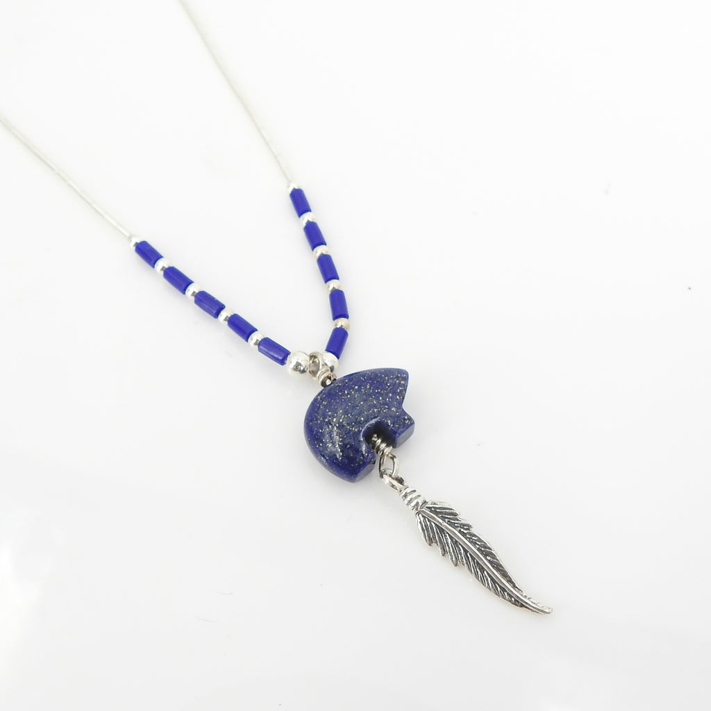 Sterling Silver Lapis Bear & Feather Necklace
