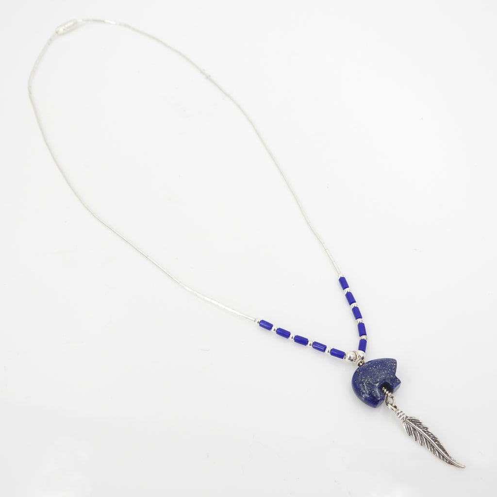 Sterling Silver Lapis Bear & Feather Necklace