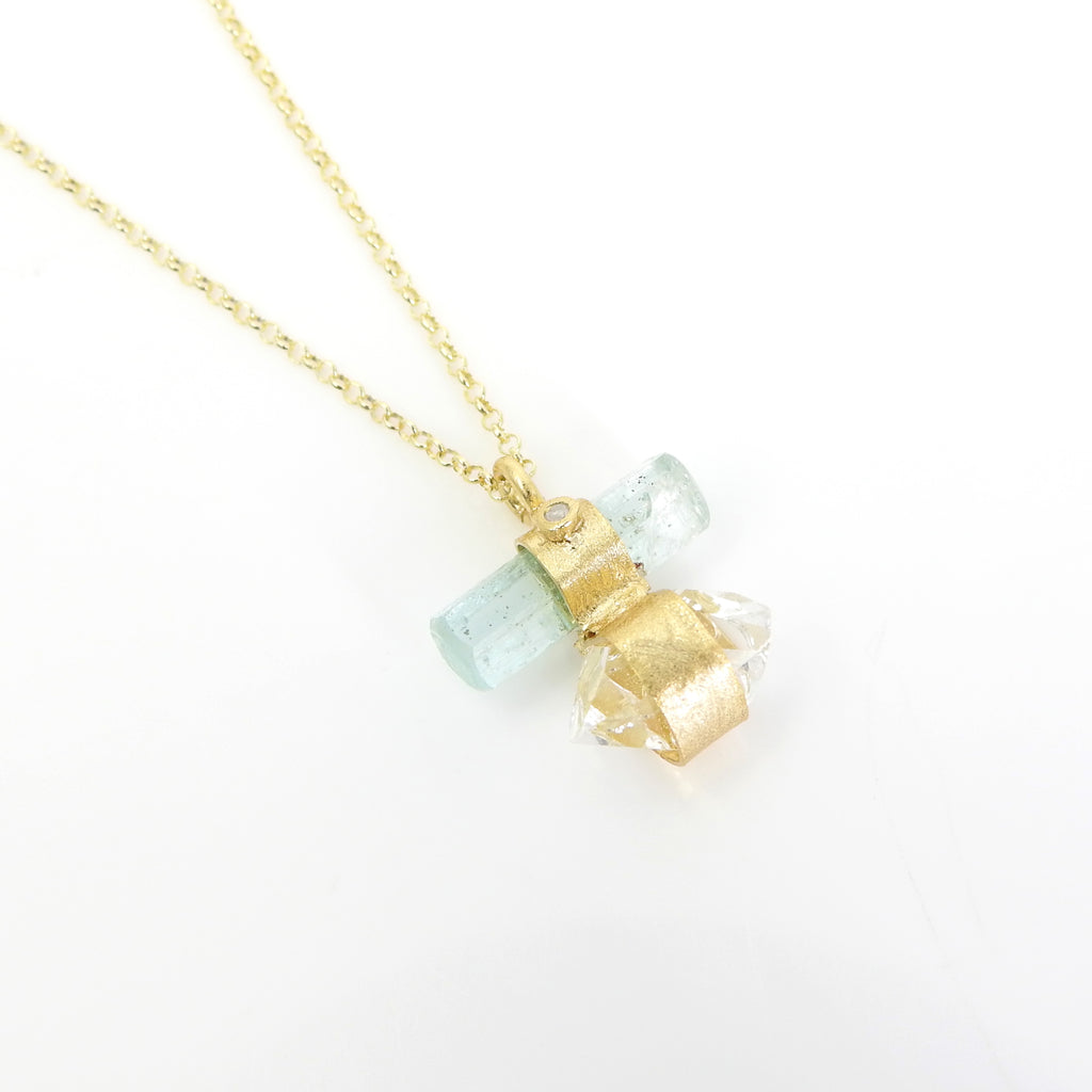 Sterling Silver Gold Vermeil Green Tourmaline, Herkimer w/ Diamond Necklace