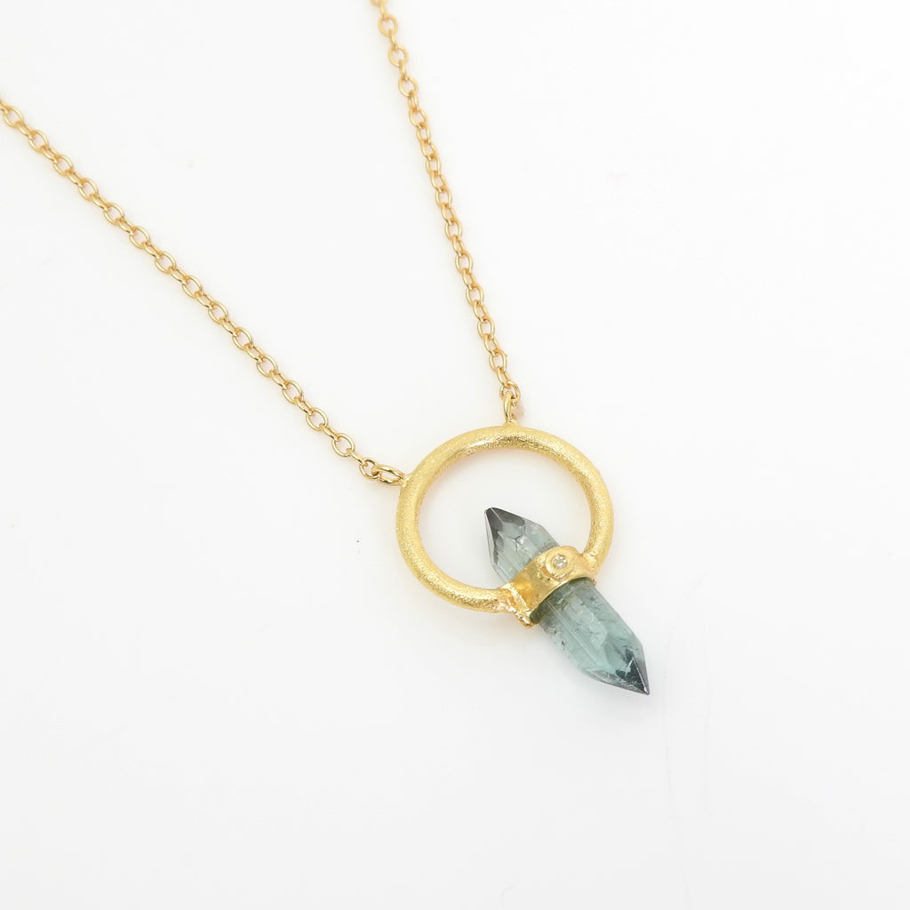 Sterling Silver Gold Vermeil Tourmaline w/ Diamond Circle Necklace
