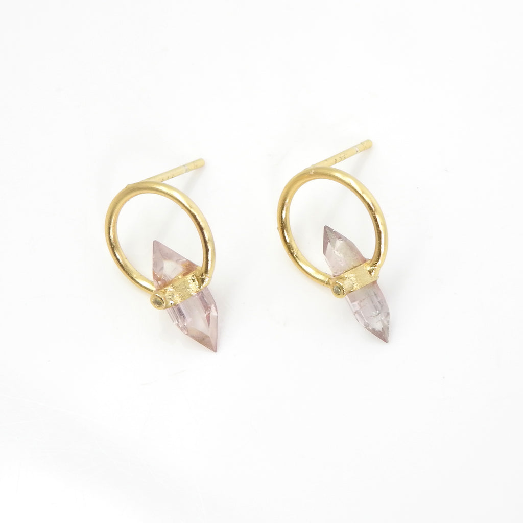 Sterling Silver Gold Vermeil Pink Tourmaline w/ Diamond Earrings